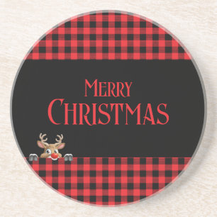Red Black Buffalo Check with Peeping Reindeer Coaster