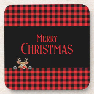 Red Black Buffalo Check with Peeping Reindeer Coaster