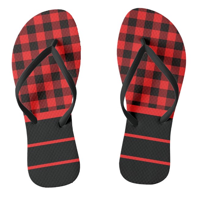 Red Black Buffalo Checks & Horizontal Stripes Thongs (Footbed)
