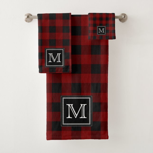 Red | Black Buffalo Checks Pattern Monogram Bath T Bath Towel Set (Insitu)