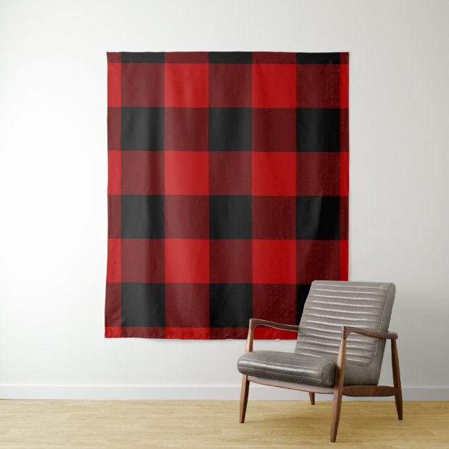 Red & Black Buffalo Chequered Plaid Rustic Tapestry (In Situ)