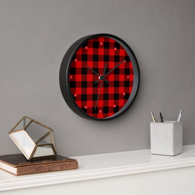 Red Black Buffalo Lumberjack Check Plaid Pattern Clock (Office)
