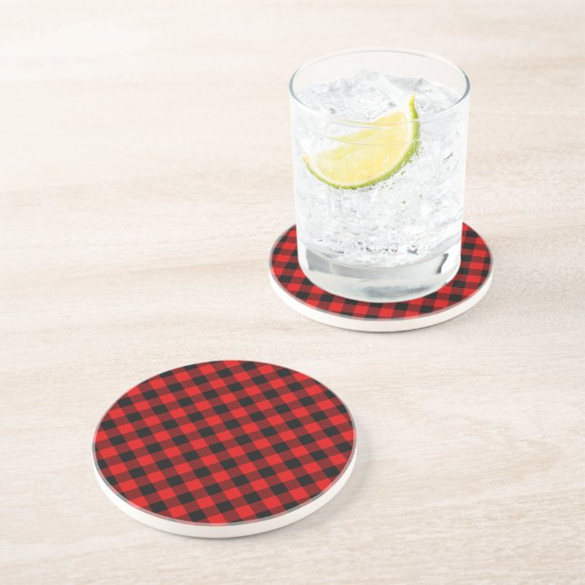 Red Black Buffalo Lumberjack Check Plaid Pattern Coaster (Side)