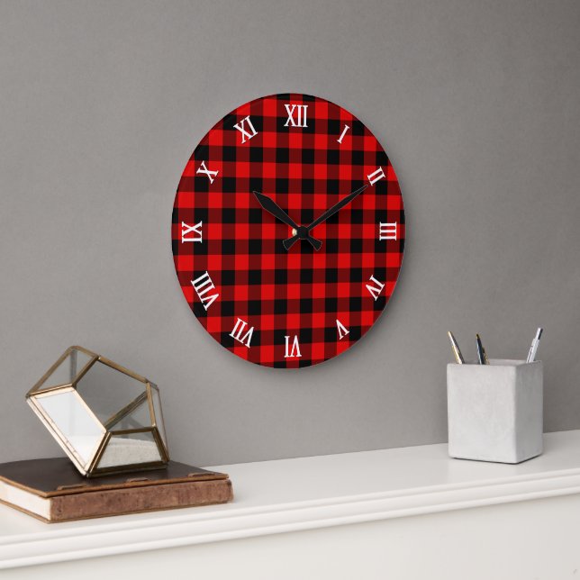 Red Black Buffalo Lumberjack Check Plaid Pattern Large Clock (Office)
