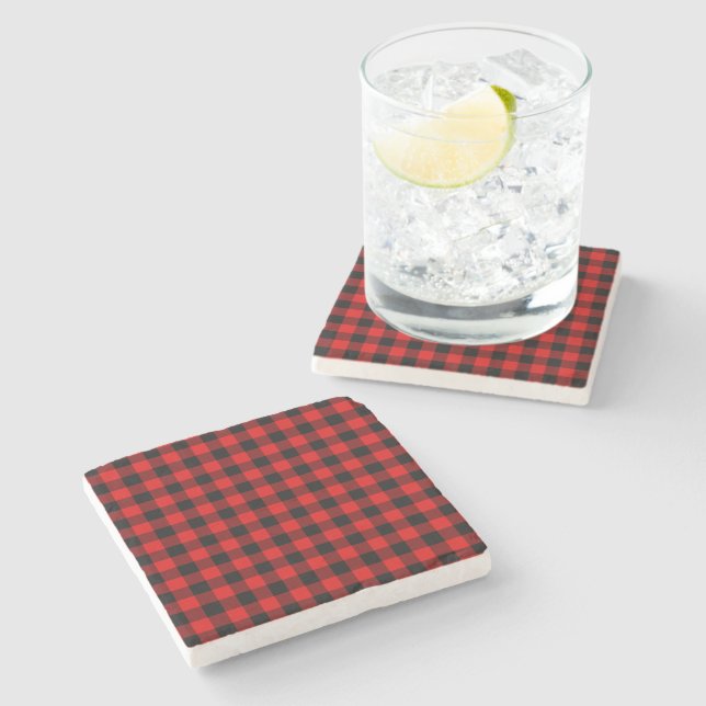 Red Black Buffalo Lumberjack Check Plaid Pattern Stone Coaster (Side)