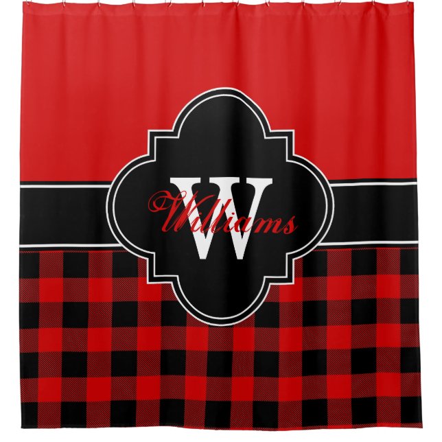 Red Black Buffalo Plaid 1ICBR Monogram Shower Curtain (Front)