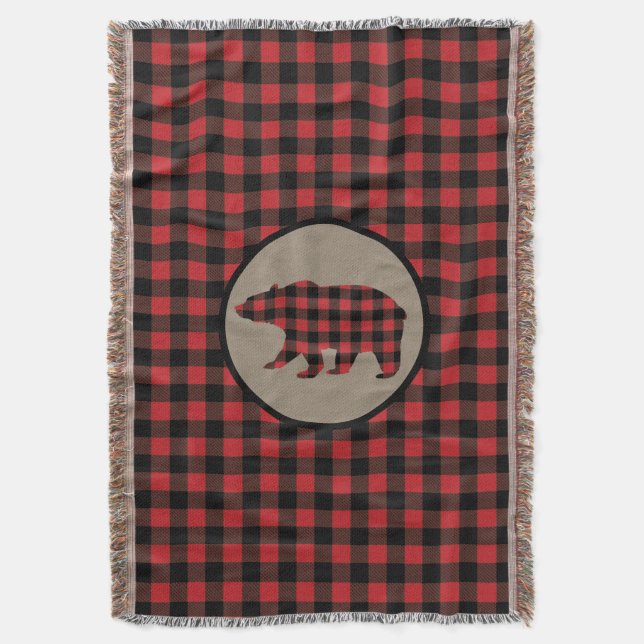 Red Black Buffalo Plaid Bear Throw Blanket (Front Vertical)