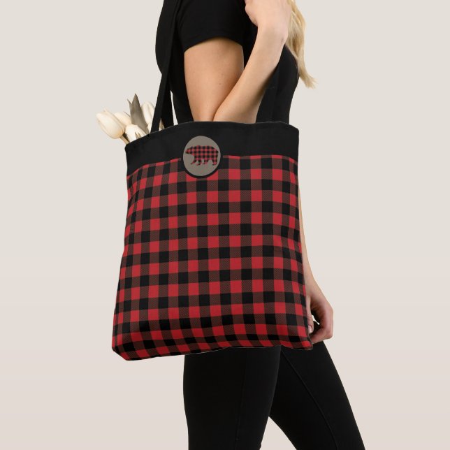 Red Black Buffalo Plaid Bear Tote Bag (Close Up)