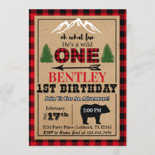 Red Black Buffalo Plaid Birthday Party Invitation