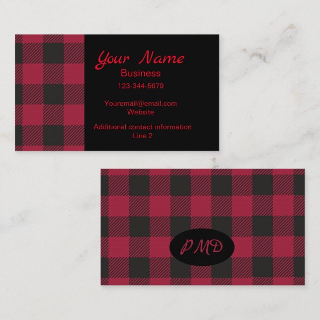 Red Black Buffalo Plaid Check Monogram Initials Business Card (Front/Back)