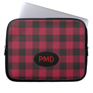 Red Black Buffalo Plaid Check Monogram Initials Laptop Sleeve
