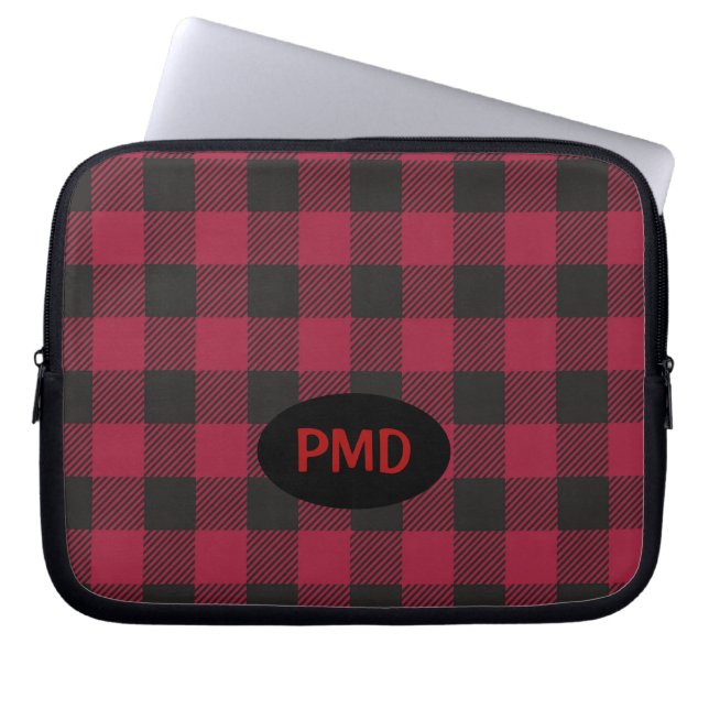 Red Black Buffalo Plaid Check Monogram Initials Laptop Sleeve (Front)