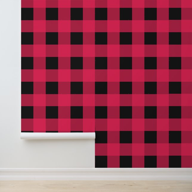 Red Black Buffalo Plaid Check Rustic Patterned Wallpaper (Application)