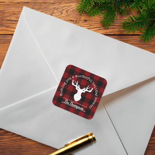 Red Black Buffalo Plaid Christmas Reindeer Antlers Square Sticker