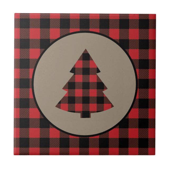 Red Black Buffalo Plaid Christmas Tree Tile (Front)