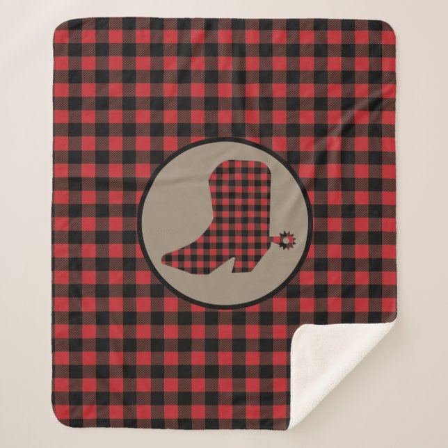 Red Black Buffalo Plaid Cowboy Boot Sherpa Blanket (Front)