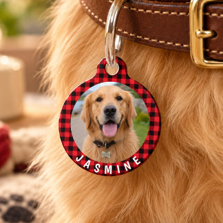 Red Black Buffalo Plaid Custom Pet Photo Name Phon Tag