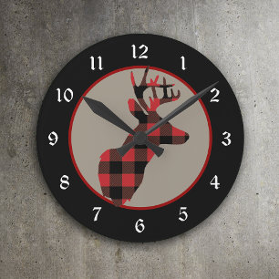Red Black Buffalo Plaid Deer Head Round Clock