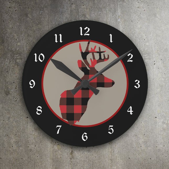 Red Black Buffalo Plaid Deer Head Round Clock (Creator Uploaded)