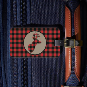Red Black Buffalo Plaid Deer Luggage Tag