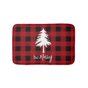 Red Black Buffalo Plaid Evergreen Tree Be Merry Bath Mat