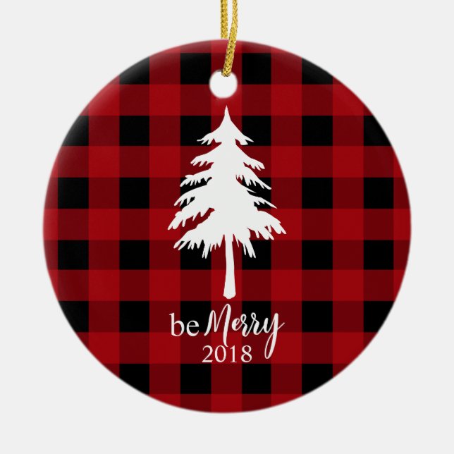 Red Black Buffalo Plaid Evergreen Tree Be Merry Ceramic Ornament (Front)