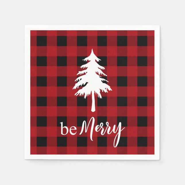Red Black Buffalo Plaid Evergreen Tree Be Merry Napkin (Front)