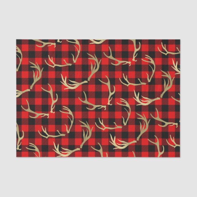 Red & Black Buffalo Plaid & Gold Deer Antlers Tissue Paper (Front)