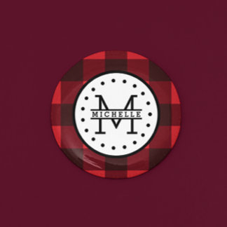 Red black Buffalo Plaid Lumberjack Name Monogram 3 Cm Round Badge