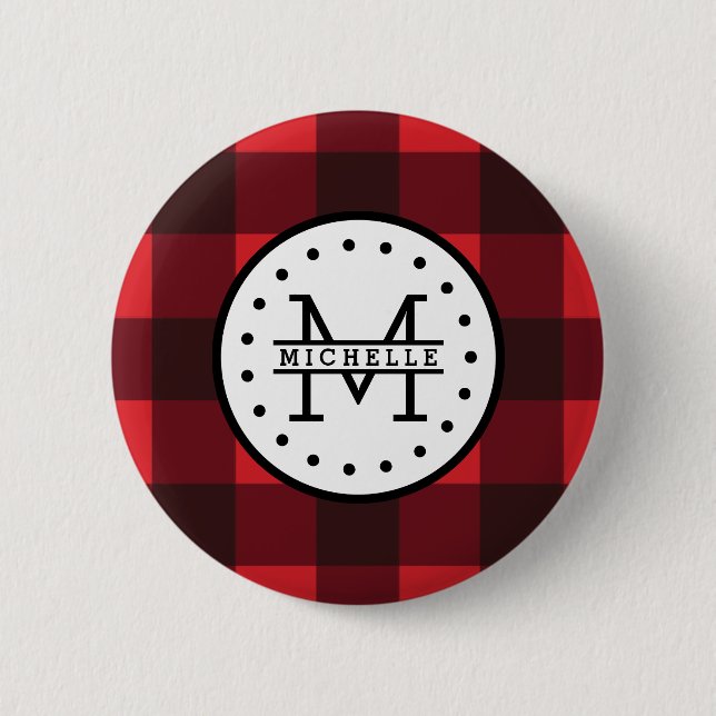 Red black Buffalo Plaid Lumberjack Name Monogram 6 Cm Round Badge (Front)