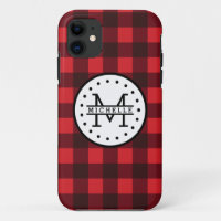 Red black Buffalo Plaid Lumberjack Name Monogram