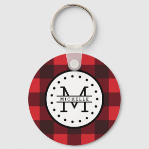 Red black Buffalo Plaid Lumberjack Name Monogram Key Ring