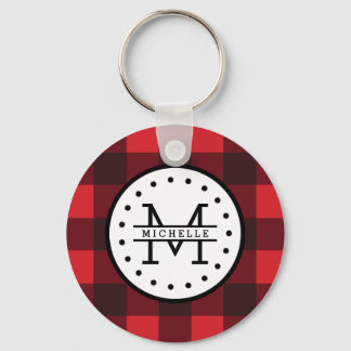 Red black Buffalo Plaid Lumberjack Name Monogram Key Ring