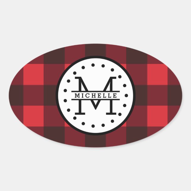 Red black Buffalo Plaid Lumberjack Name Monogram Oval Sticker (Front)