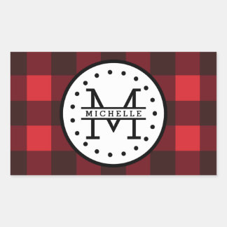 Red black Buffalo Plaid Lumberjack Name Monogram Rectangular Sticker