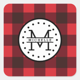 Red black Buffalo Plaid Lumberjack Name Monogram Square Sticker