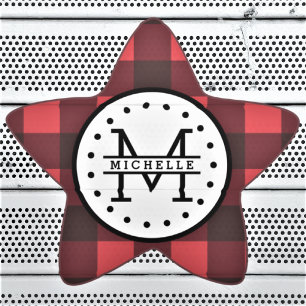 Red black Buffalo Plaid Lumberjack Name Monogram Star Sticker