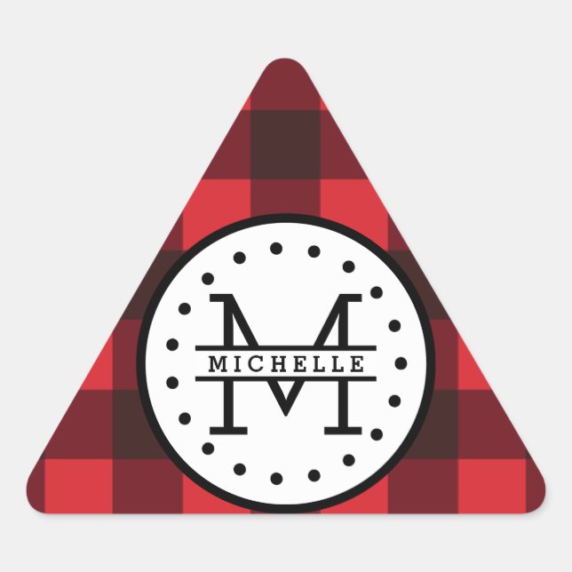 Red black Buffalo Plaid Lumberjack Name Monogram Triangle Sticker (Front)