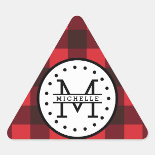 Red black Buffalo Plaid Lumberjack Name Monogram Triangle Sticker