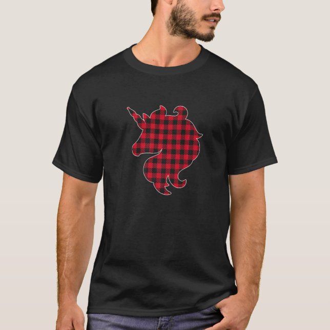 Red & Black Buffalo Plaid Lumberjack Unicorn Head  T-Shirt (Front)