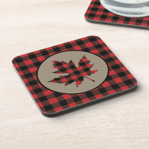 Red Black Buffalo Plaid Maple Leaf Coaster