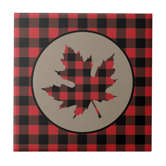 Red Black Buffalo Plaid Maple Leaf Tile (Front)
