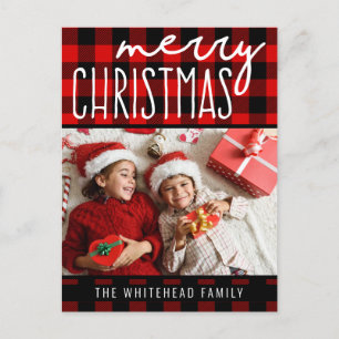 Red Black Buffalo Plaid Merry Christmas Photo Holiday Postcard