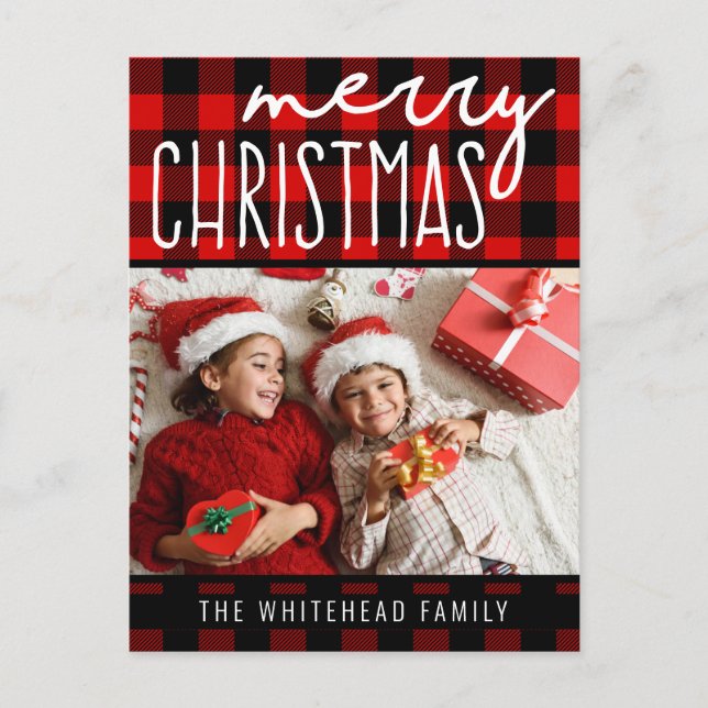 Red Black Buffalo Plaid Merry Christmas Photo Holiday Postcard (Front)