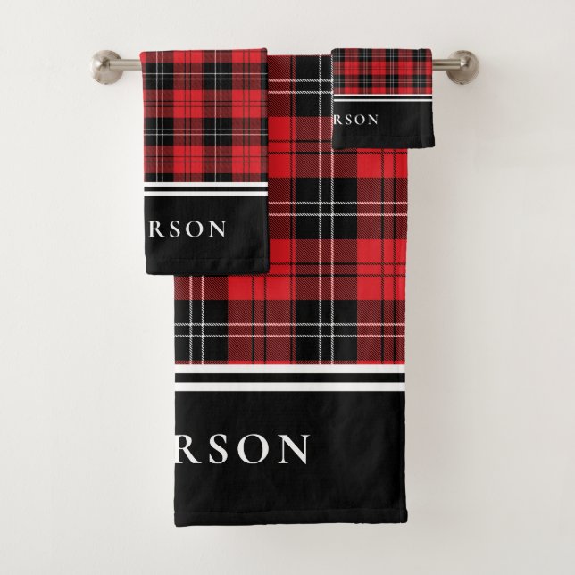 Red Black Buffalo Plaid Monogram Bath Towel Set (Insitu)