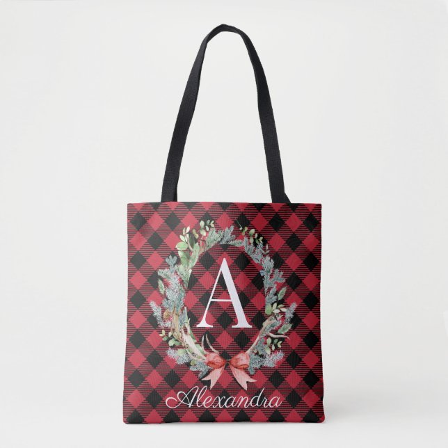 Red & Black Buffalo Plaid Monogram Christmas Tote Bag (Front)