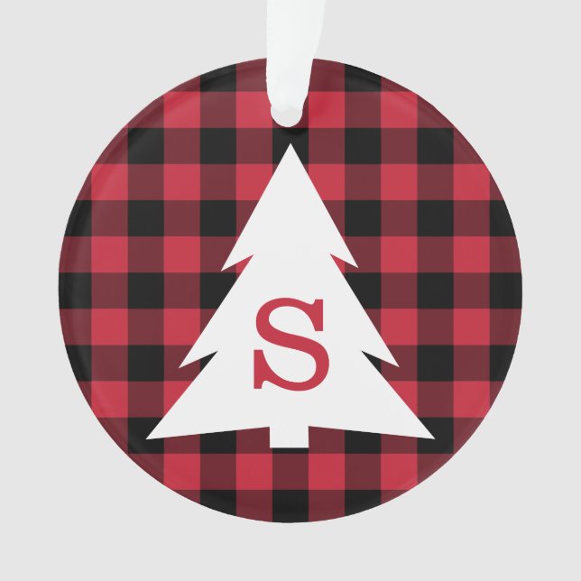 Red Black Buffalo Plaid Monogram Christmas Tree Ornament (Front)