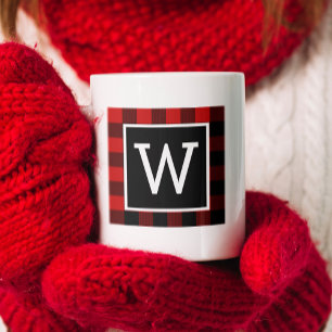 Red Black Buffalo Plaid Monogram Holiday Coffee Mug