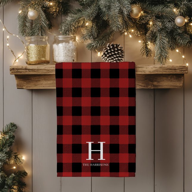 Red Black Buffalo Plaid Monogram Holiday Tea Towel (Creator Uploaded)