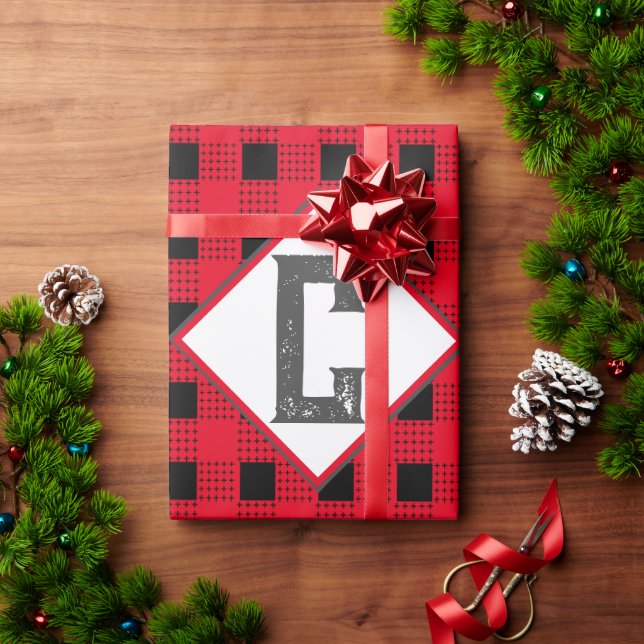 red & black buffalo plaid Monogram initial classic Wrapping Paper (Holiday Gift)
